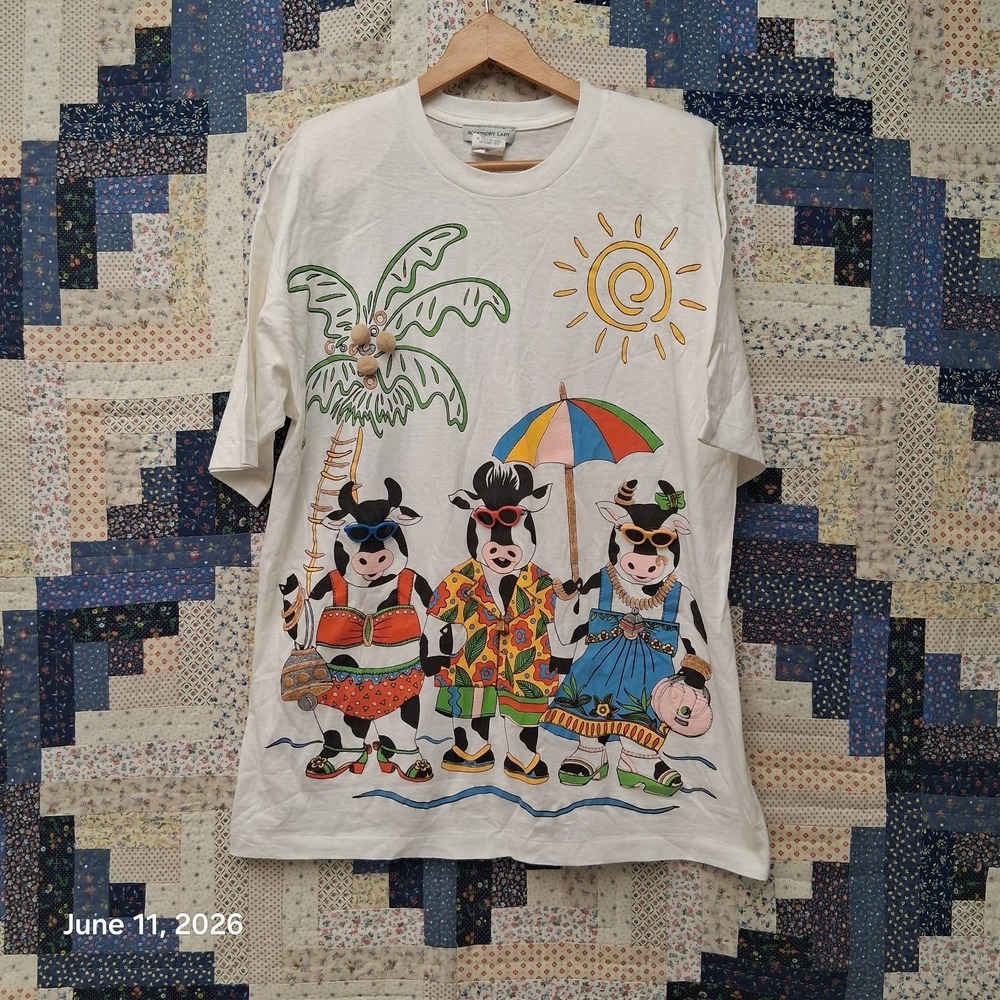 Vintage 90s Accessory Lady‎ Cow Graphic T-Shirt Beach Embellished 1992 USA Made